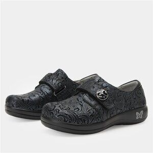 ALEGRIA Joleen Navy Swish Clog Shoe Slip On Tooled Floral Size 9 NICE!!